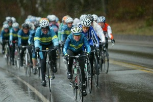 The Category 4 women battled nasty weather conditions and stiff competition during the 2009 Mason Lake Road Race. Photo courtesy of Amara Boursaw / Wheels in Focus 