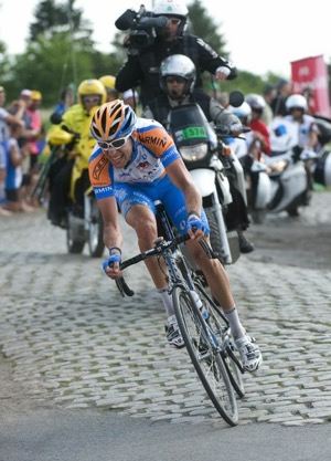 Hesjedal on the cobbles during Stage 3 of 2010's Tour de France. Photo courtesy of Garmin-Transitions/Slipstream 