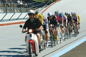 Keiren: Racers do six motor-paced laps before being released for two all out sprint laps to the finish.  Photo courtesy of Amara Boursaw / Wheels in Focus 