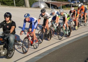 The early stage of Keirin racing.  Photo courtesy of Marymoor Velodrome 