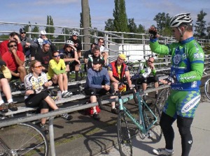 Teaching new riders the ins and outs of the track.  Photo courtesy of Marymoor Velodrome 