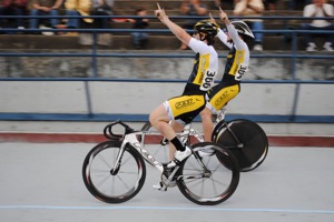 Project London 2012's Dean Tracy and Kevin Mansker salute the Alpenrose crowd after setting a new team sprint record.  Photo courtesy of John Ragsdale