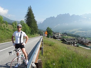The lower gradient of Passo Falzarego with the town of Cortina below.  Photo courtesy of Dave  Campbell