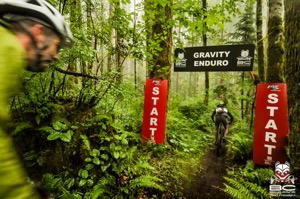 The start of the Fox Shox Gravity Enduro Section. Riders see two of these a day to indicate it’s time to shine on the downhills. Photo by BC Bike Race 