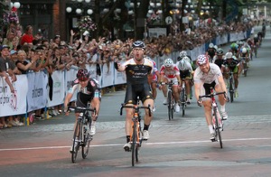 American Ken Hanson pumps his first after beating Vancouver’s Ryan Anderson and Australia’s Tommy Nankervis in a bunch sprint to with the 2012 Global Relay Gastown Grand Prix and it's $15,000 first prize. Photo by Greg Descantes