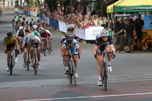 Australian Loren Rowney surges to the finish line ahead of veteran Americans Laura Van Gilder and Nicky Wangsgard to win the 2012 Global Relay Gastown Grand Prix women's race and a $8,000 top prize. Photo by Greg Descantes